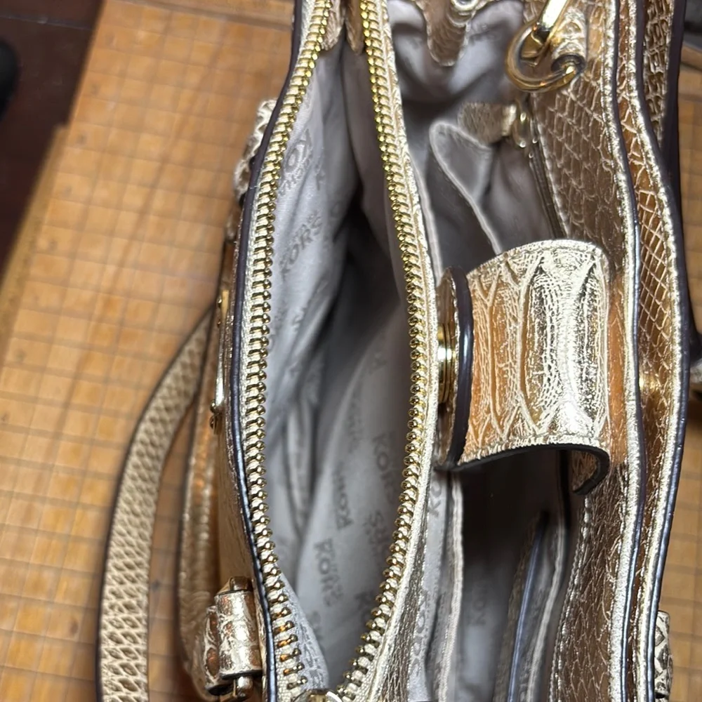MICHAEL Michael Kors Metallic Gold Snakeskin Satchel w Dust Bag, Gold Tone Charm